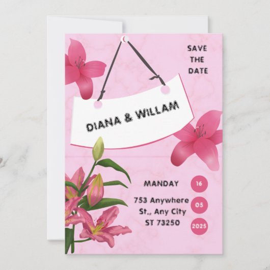 Faire-part de mariage Fleur Rose (Devant)