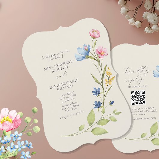 Faire-part de mariage fleur sauvage avec code QR