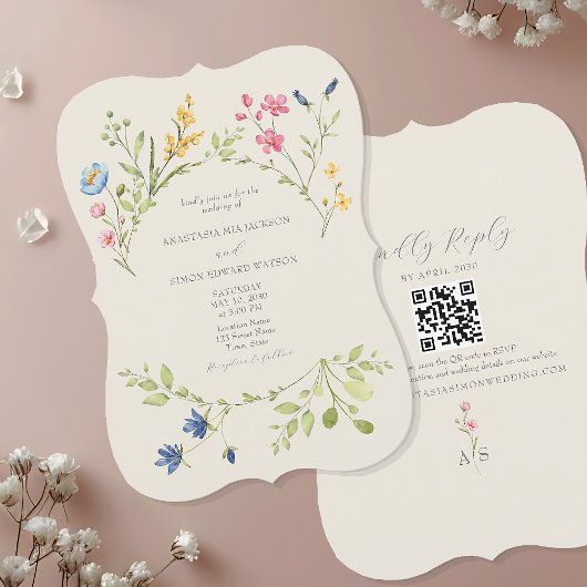Faire-part de mariage Fleur sauvage avec QR Code