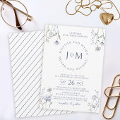 Faire-part de mariage fleur sauvage bleu aquarelle