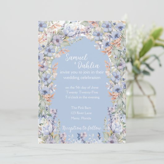 Faire-part de mariage Fleur sauvage bleu avec déta (Debout devant)