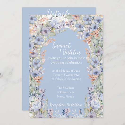 Faire-part de mariage Fleur sauvage bleu avec déta (Devant / Derrière)