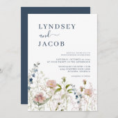 Faire-part de mariage Fleur sauvage bleu Dusty (Devant / Derrière)