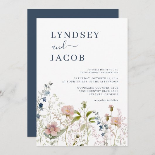 Faire-part de mariage Fleur sauvage bleu Dusty (Devant / Derrière)