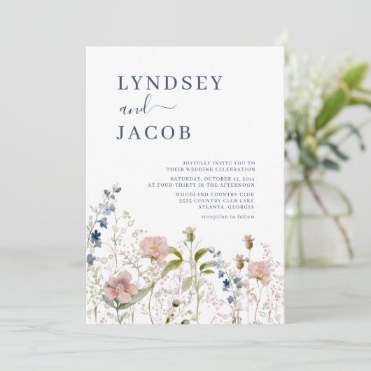 Faire-part de mariage Fleur sauvage bleu foncé (Debout devant)