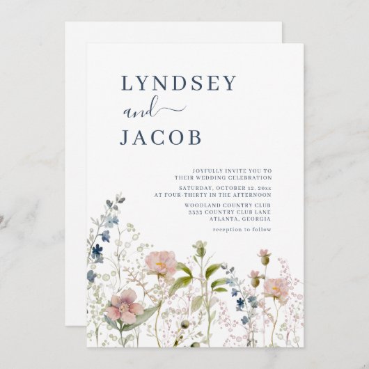 Faire-part de mariage Fleur sauvage bleu foncé (Devant / Derrière)