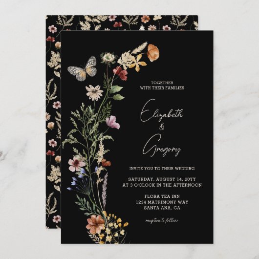 Faire-part de mariage Fleur sauvage Bohème noir (Devant / Derrière)