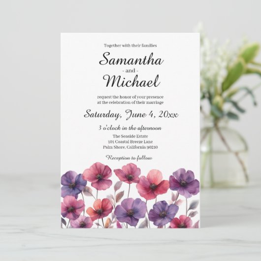 Faire-part de mariage fleur sauvage en violet et r (Debout devant)