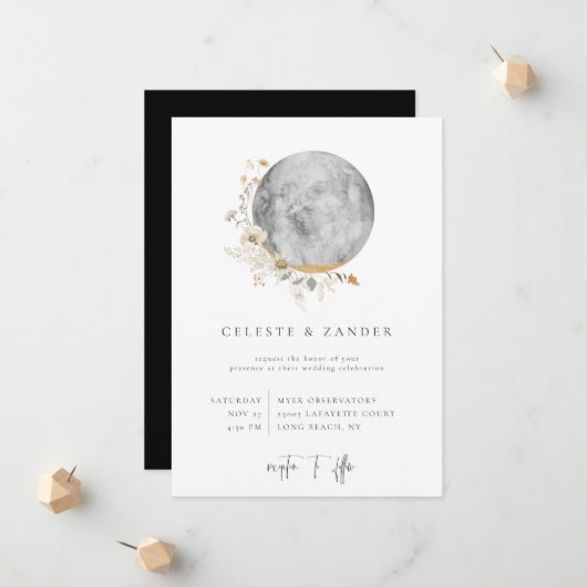 Faire-part de mariage Fleur sauvage Lune dorée (Devant/Arrière en situation)