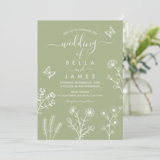 Faire-part de mariage Fleur sauvage Sage Green (Debout devant)