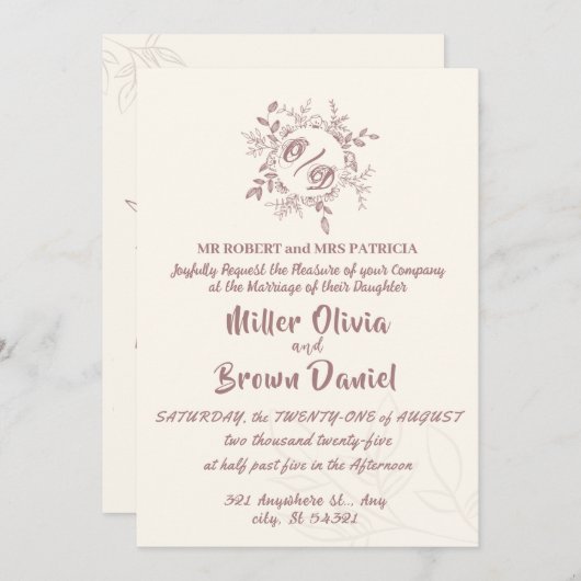 faire-part de mariage fleuri beige marron (Devant / Derrière)