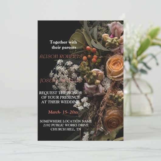 Faire-part de mariage fleuri orange chic (Debout devant)