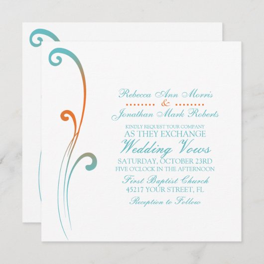 Faire-part de mariage fleuri orange et Turquoise (Devant / Derrière)