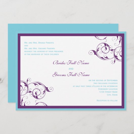 faire-part de mariage fleuri pourpre et bleu (Devant / Derrière)