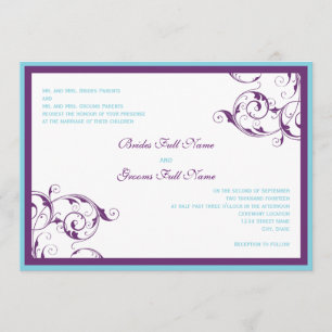 faire-part de mariage fleuri pourpre et bleu