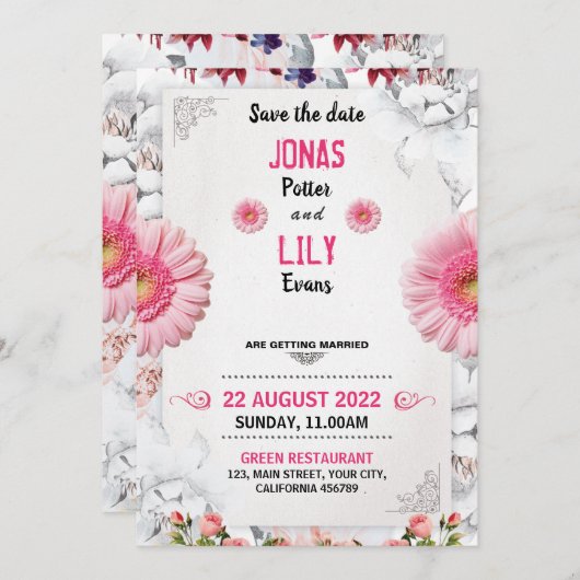 Faire-part de mariage fleuri rose or rose (Devant / Derrière)