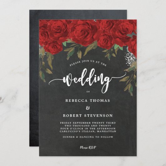 faire-part de mariage fleuri rouge boho moderne (Devant / Derrière)