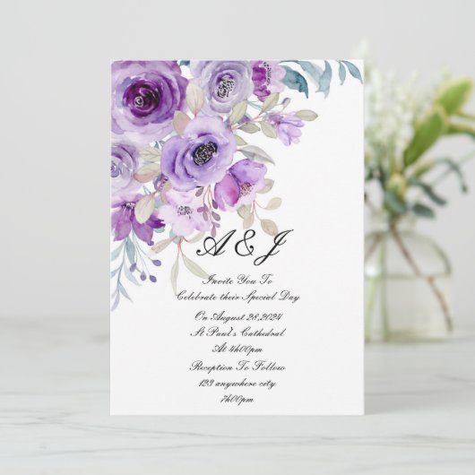 faire-part de mariage fleuri violet (Debout devant)