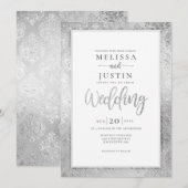 Faire-part de mariage fleurie argentée Damask (Devant / Derrière)