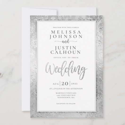 Faire-part de mariage fleurie argentée Damask (Devant)