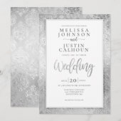 Faire-part de mariage fleurie argentée Damask (Devant / Derrière)