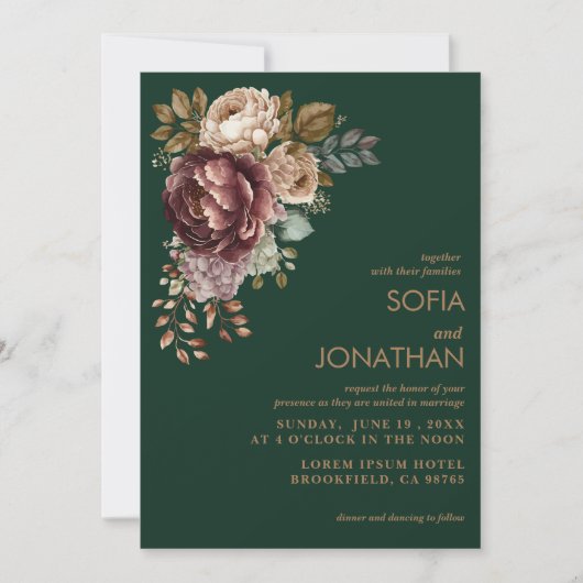 Faire-part de mariage fleurie couleur vert émeraud (Devant)