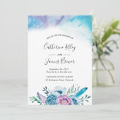 Faire-part de mariage fleurie mauve et bleue (Debout devant)