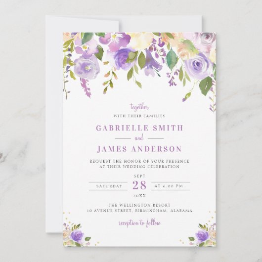 faire-part de mariage fleurie pourpre, mauve et pê (Devant)