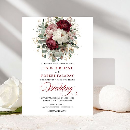 Faire-Part de Mariage Fleurs Blanches et Bourgogne