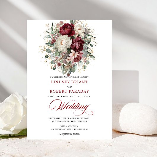 Faire-part de mariage Fleurs blanches et Bourgogne