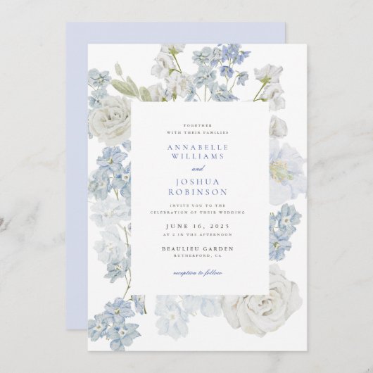 Faire-part de mariage Fleurs Bleu Français (Devant / Derrière)