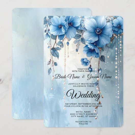 Faire-part de mariage Fleurs bleues et Perles (Devant / Derrière)