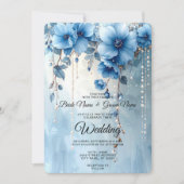 Faire-part de mariage Fleurs bleues et Perles (Devant)