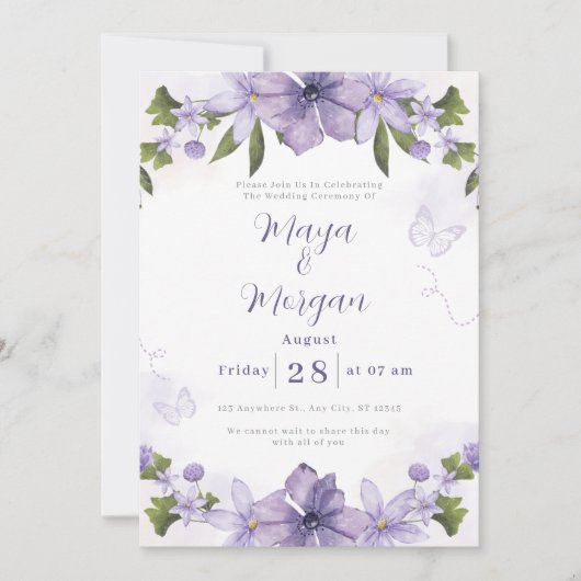 Faire-part de mariage fleurs boho blanches violet (Devant)