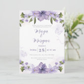 Faire-part de mariage fleurs boho blanches violet (Debout devant)