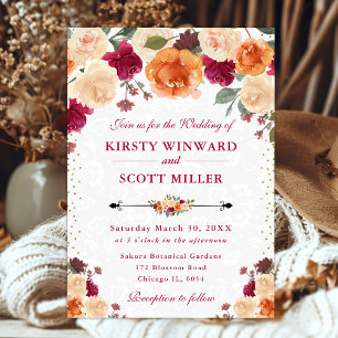 Faire-part de mariage Fleurs de automne Rouge et O