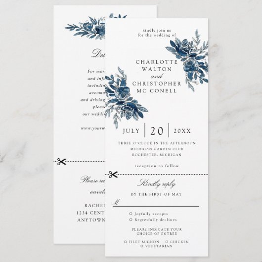 faire-part de mariage fleurs indigo avec carte-rép (Devant / Derrière)