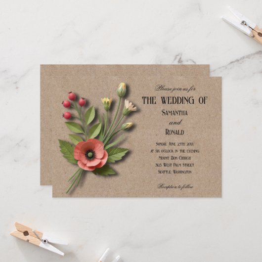 Faire-part de mariage Fleurs sauvages simples rust (Devant/Arrière en situation)