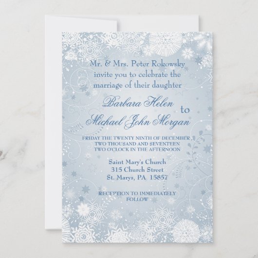 Faire-part de mariage flocons de neige blanc bleu  (Devant)