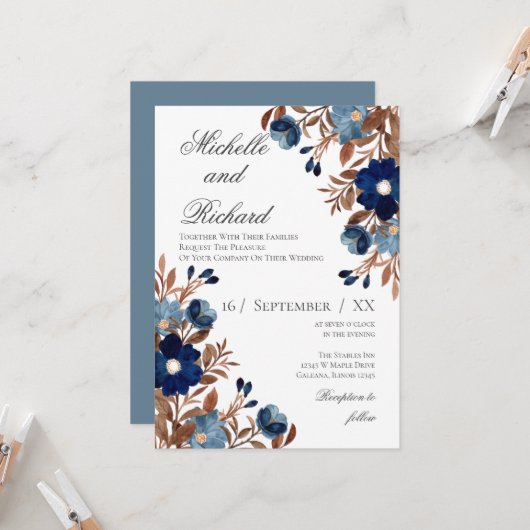 Faire-part de mariage Flora Bleu (Devant/Arrière en situation)