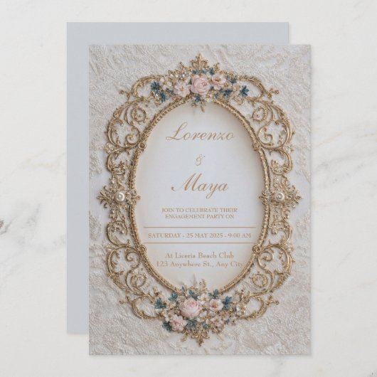 Faire-part de mariage Floral à cadre d'or victorie (Devant / Derrière)