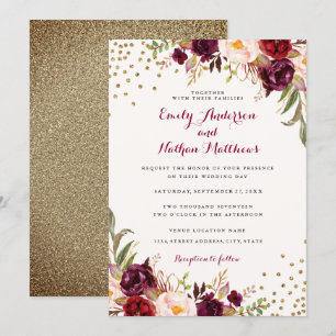 Faire-part de mariage floral à confettis bordeaux