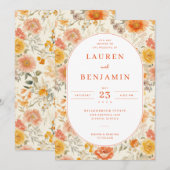 Faire-part de mariage floral à la pêche joyeuse (Devant / Derrière)