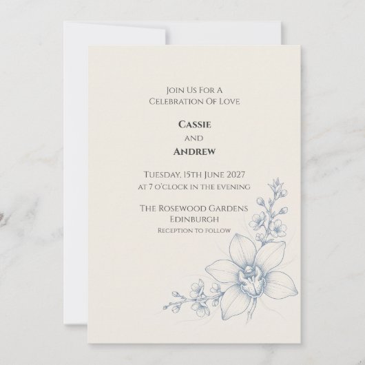 Faire-part de mariage floral à l'orchidée bleu pâl (Devant)