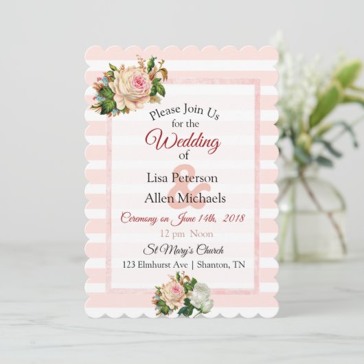 Faire-part de mariage floral à rayures blanches Ro (Debout devant)