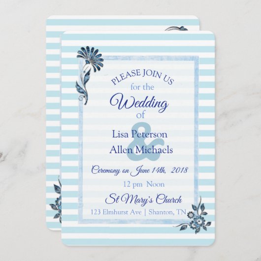 Faire-part de mariage floral à rayures bleues (Devant / Derrière)