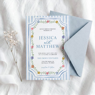 Faire-part de mariage floral à rayures bleues