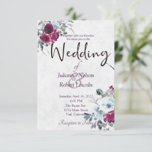 Faire-part de mariage floral aquarelle bleu et bou