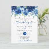 Faire-part de mariage floral aquarelle bleu marine (Debout devant)
