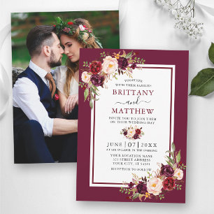 Faire-part de mariage floral aquarelle bordeaux ca